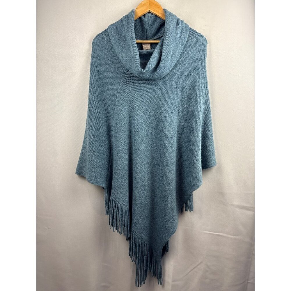 Chicos Blue Knit Poncho With Fringe Hem & Cowl Neck One Size